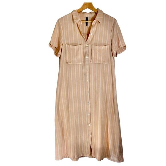 Knot Sisters Blush pink linen striped Button up midi Dress lagenlook coastal L - Picture 1 of 10
